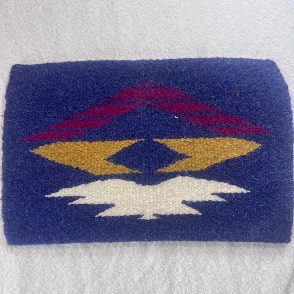 Vintage Southwestern Handwoven Wool Rug Small Tapestry Blue Eagle Geometric 11x7